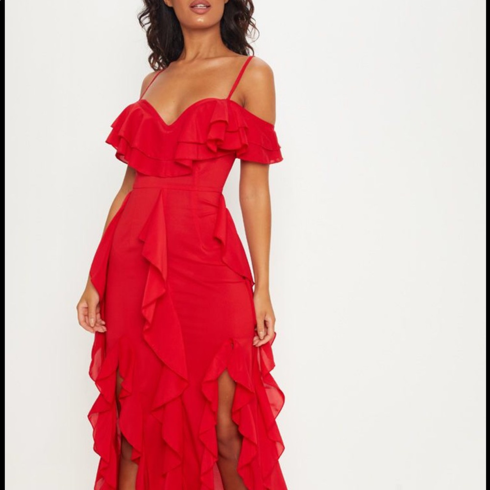 SOLD Red Cold Shoulder Ruffle Dress